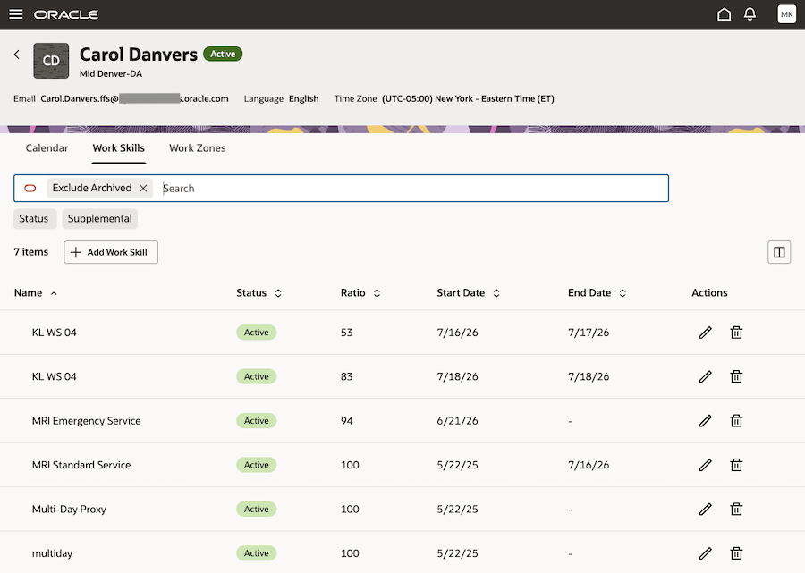 This screenshot shows the Work Skills tab.