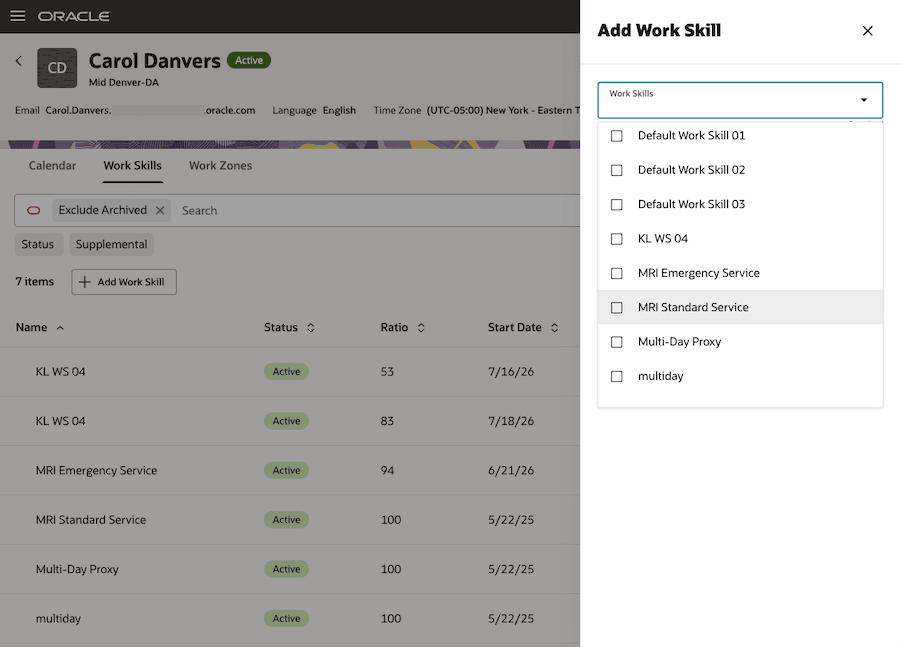 This screenshot shows the Add Work Skill drawer.