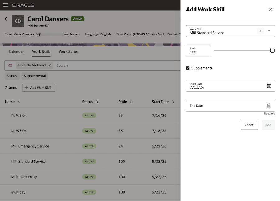 This screenshot shows the Add Work Skill drawer with the Supplemental checkbox selected.