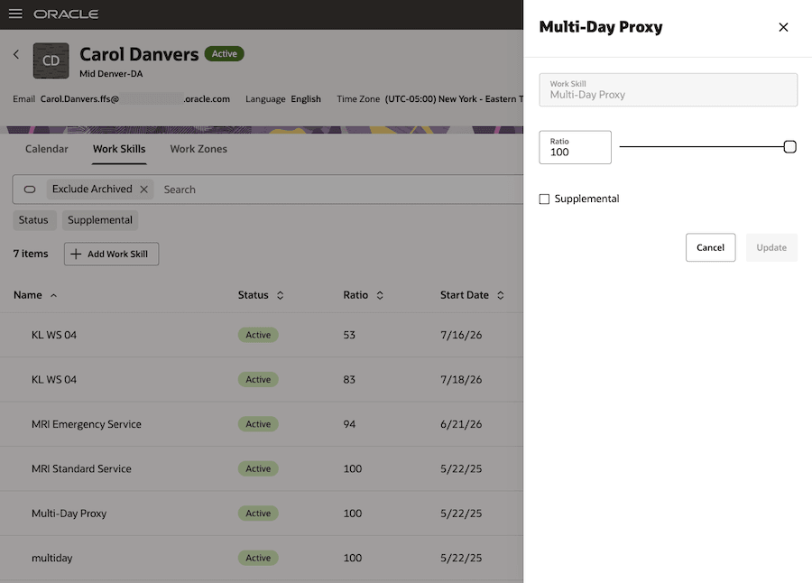 This screenshot shows the Add Work Skill drawer with the Supplemental checkbox deselected.