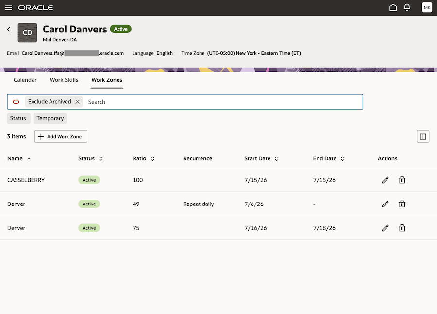 This screenshot shows the Work Zones tab for a mobile worker.