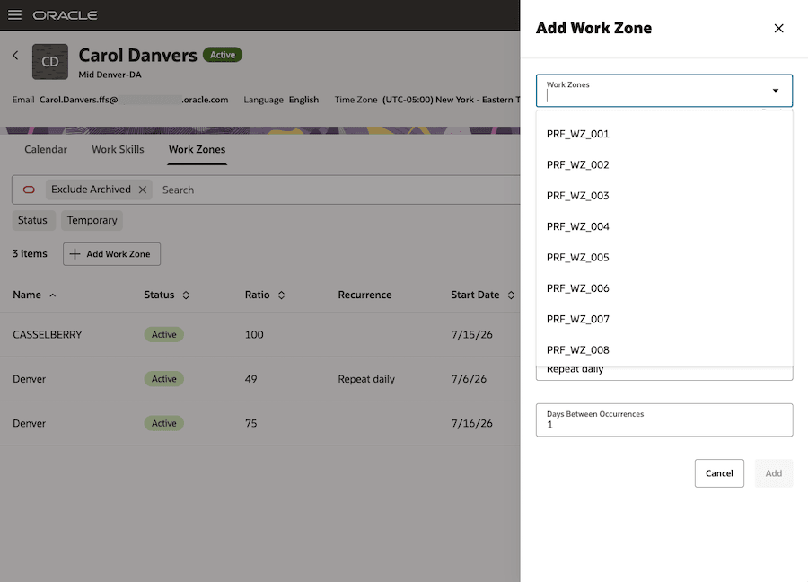 This screenshot shows the Add Work Zone drawer with the Work Zones field.