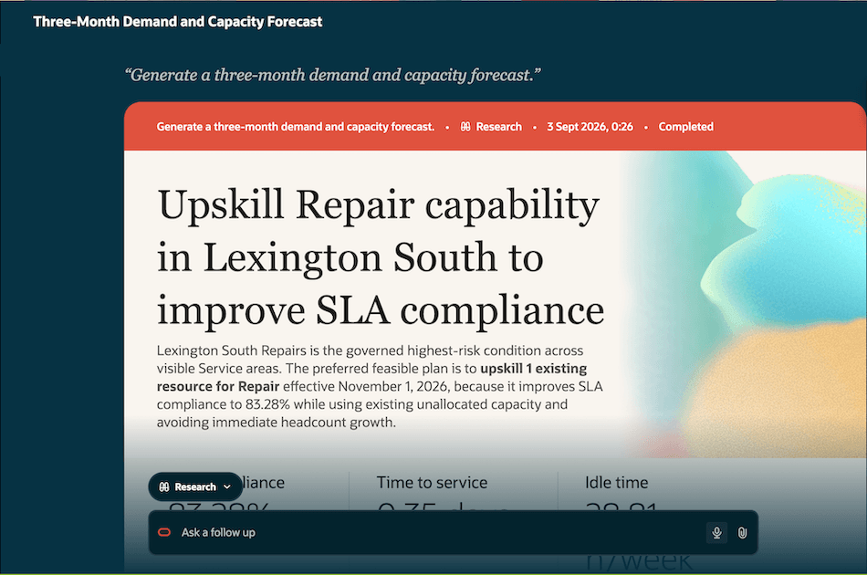 Three-month forecast recommends upskilling one Lexington South Repairs resource to improve SLA compliance to 83.28% without adding headcount.