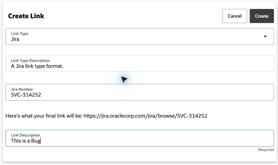 Screenshot of Create Link interface