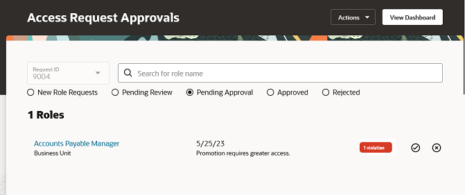 A record of a role request has been selected in the Access Request Approvals dashboard. This produces a summary of the request.