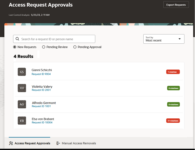 The Access Request Approvals dashboard displays records of four role requests.