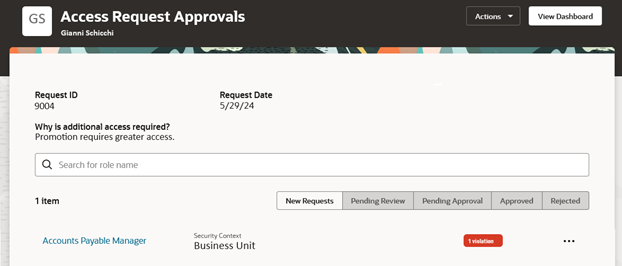 A record of a role request has been selected in the Access Request Approvals dashboard. This produces a summary of the request.