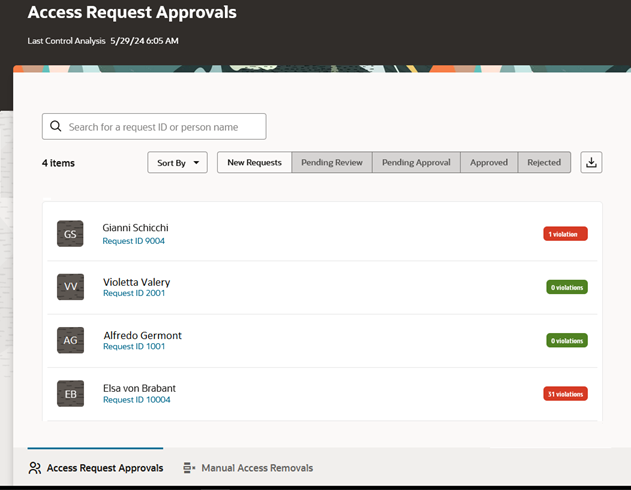 The Access Request Approvals dashboard displays records of four role requests.