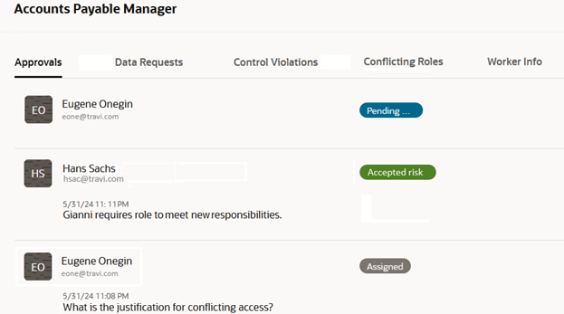 The details drawer for a role request has been opened. By default an Approvals tab is selected, showing the history of work on the request.