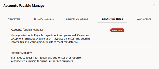 In the details drawer for a role request, the Conflicting Roles tab is selected, and a list of conflicting roles is on display.