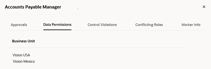 In the details drawer for a role request, the Data Requests tab is selected. It displays two business units that have been selected as security values for the request.