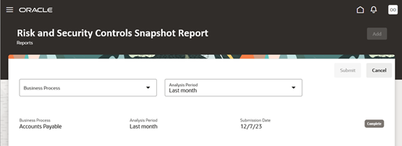 In the Risk and Security Snapshot Report page, the Add button has been clicked, and the page displays the Business Object and Analysis Period fields in which a user enters values to initiate an analysis.