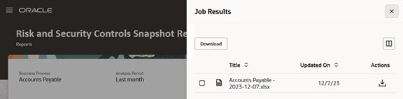 In the Risk and Security Snapshot Report page, the Job Results panel has been opened, displaying fields a user would complete to download a snapshot report.