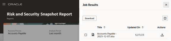 In the Risk and Security Snapshot Report page, the Job Results panel has been opened, displaying fields a user would complete to download a snapshot report.