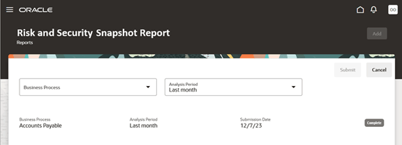 In the Risk and Security Snapshot Report page, the Add button has been clicked, and the page displays the Business Object and Analysis Period fields in which a user enters values to initiate an analysis.