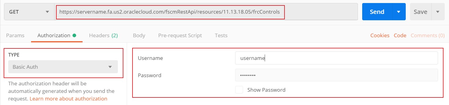 Postman example with basic authentication, user name, and password.