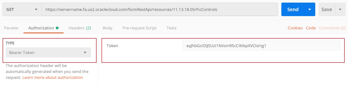 Passing of the authorization and authentication information in Postman.