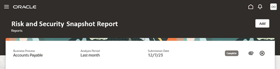 The Risk and Security Snapshot Report page displays a record of an analysis run for the Accounts Payable business process.