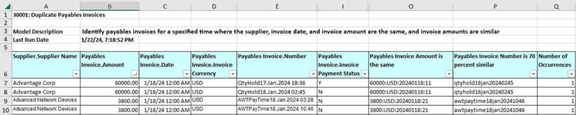 A transaction-analysis worksheet lists records of potentially duplicate payables invoices. Each incident encompasses multiple records.