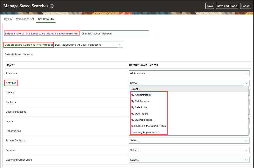 Sample screenshot displaying selected roles and saved searches from the Set Defaults tab of the Manage Saved Searches page.