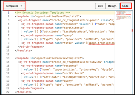 Code tab with Templates selected