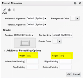 Width and Height options for format container