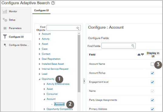 Screenshot of the Configure Workspace UI tab with callouts highlighting the Opportunity object, the Account field and the Display in UI option.