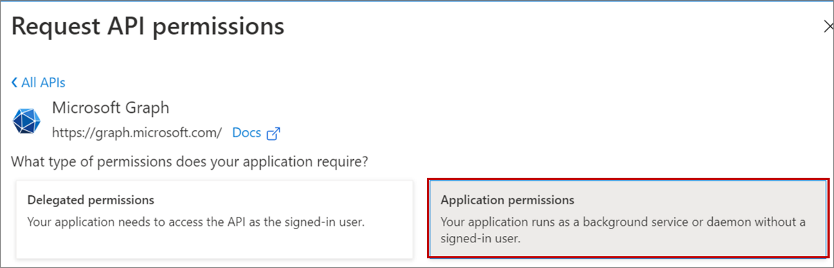 The image shows selecting the Microsoft Graph app permissions.