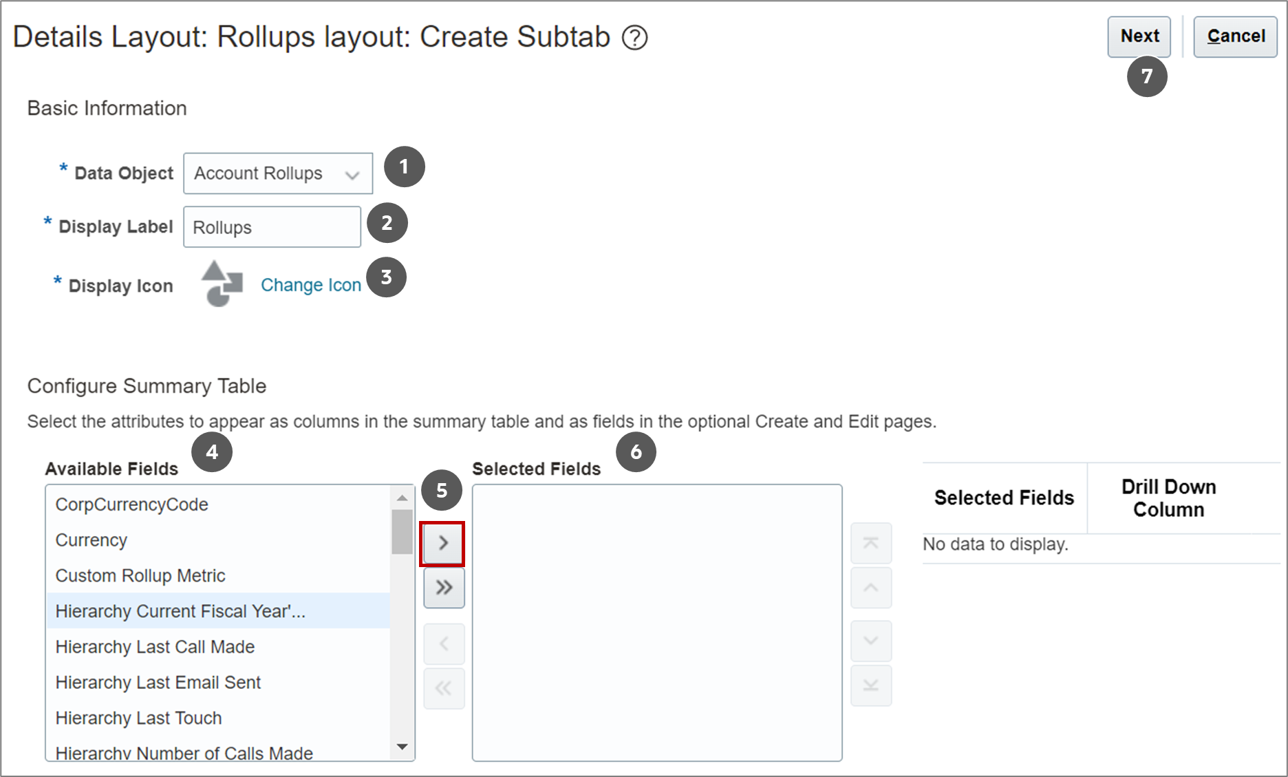The screenshot shows creating a custom subtab for Rollups for the Account object.