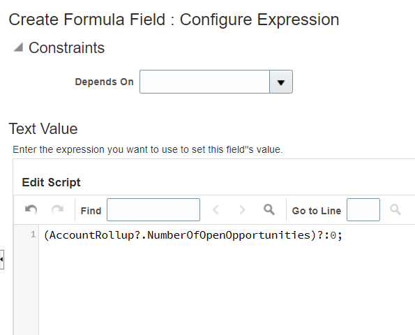 The screenshot shows the expression configured for the Total Open Opportunities formula field.