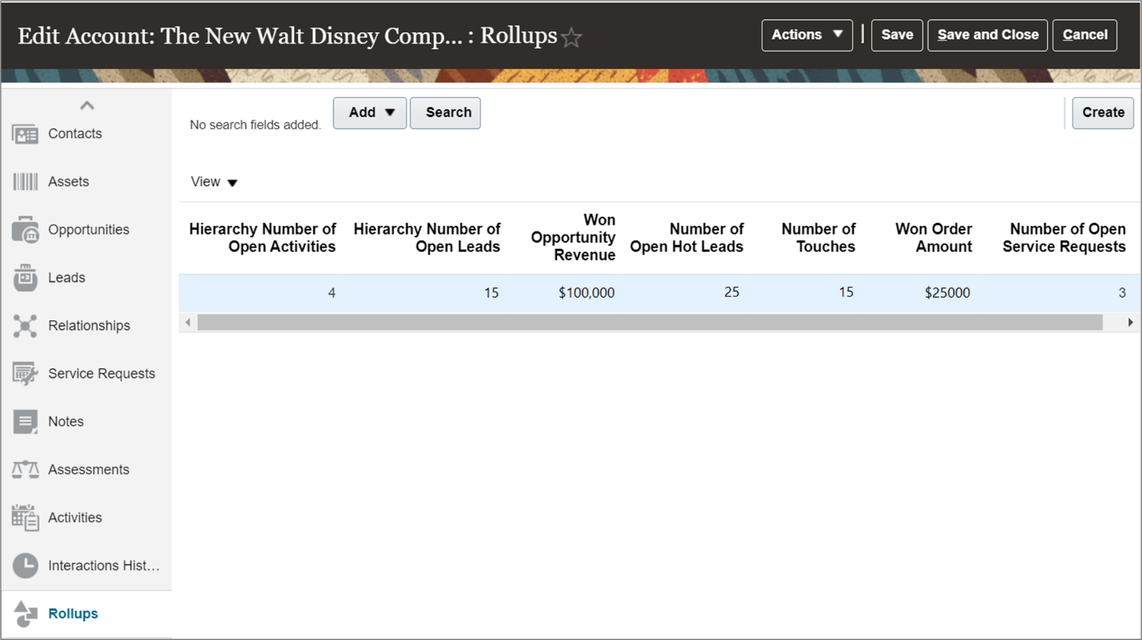 The screen shot shows the Rollups subtab for the Account object. The Rollups subtab shows the account rollups.