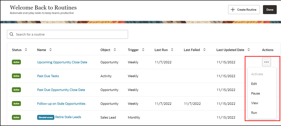 Screen shot shows an example of the routines dashboard
