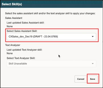 Sample sreenshot of the Select Sales Assistant Skill dialog