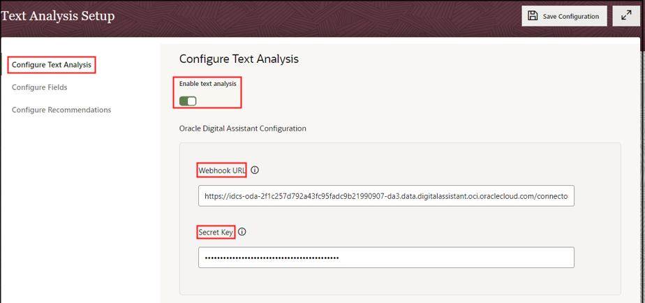 Sample screenshot of Configure Text Analysis Setup Page