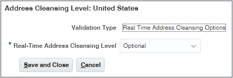 Screenshot of the Address Cleansing Level window showing the Optional selection for Real-Time Address Cleansing Level.
