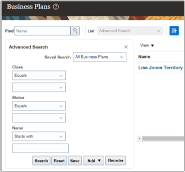 Portion of the Business Plans work area, which uses the legacy CRM search.
