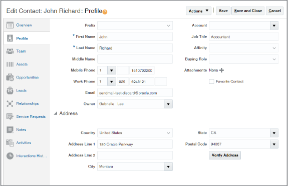 Partial screen capture of the Profile tab on the Edit Contact page showing sample data for the fictitious contact John Richard.