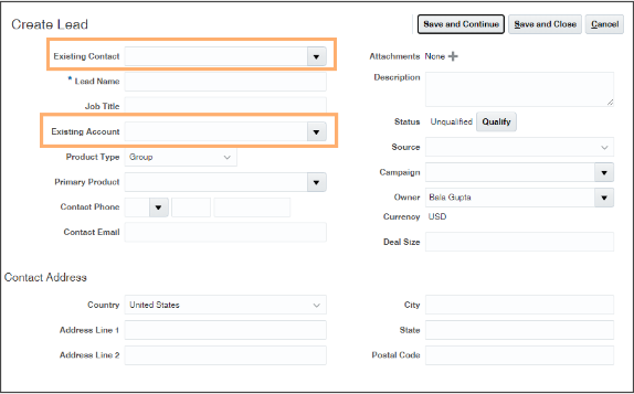 Create Lead page with Existing Contact and Existing Account fields that are visible by default in the CX Sales UI.