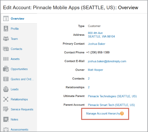 Detail of a portion of the Edit Account page, Overview tab, for the fictitious Pinnacle Mobile Apps company. The Manage Account Hierarchy link is highlighted.