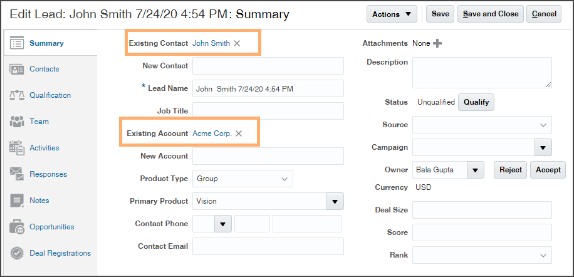 Edit Lead pagefrom the CX Sales UI highlighting the Existing Contact and Existing Account fields displaying links.