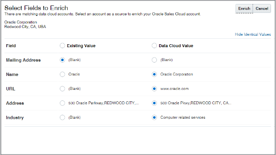 Select Fields to Enrich page for a sample account showing the existing fields and new values.