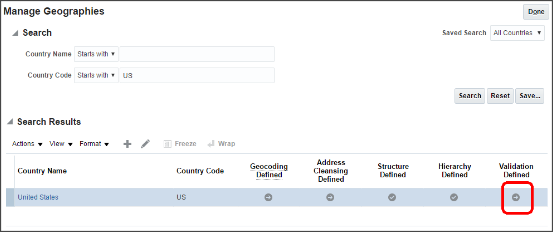 Screen capture of the Manage Geographies page showing the record for the United States with the Go to Task icon highlighted in the Validation column