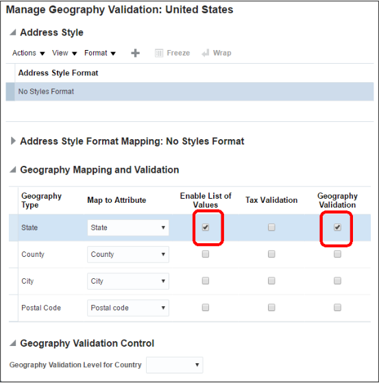 Screen capture of the Manage Geography Validation: United States page highlighting the location of the options you select in the Enable List of Values and Geography Validation columns for US states.
