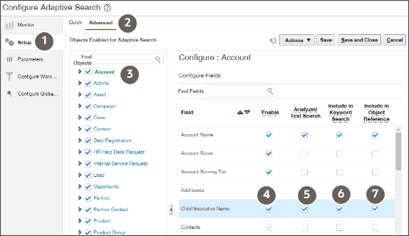 Screenshot of a portion of the Configure Adaptive Search page, highlighting the location of the Chief Executive Name field. The Enable, Analyzed Text Search, Include in Keyword Search, and Include in Object Reference options are selected.