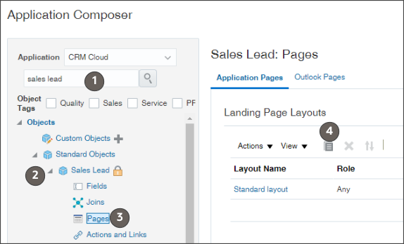 Application Composer page highlighting the location of the Search field, the Sales Lead object, the Sales Lead Pages icon and the Duplicate icon.