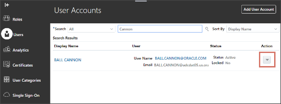 Screen capture of the User Accounts tab of the Security Console work area