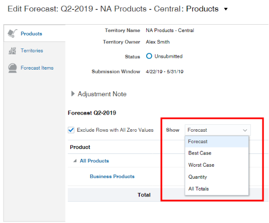 Screenshot of the Products tab highlighting the list of forecasts that show up in the Show list. The list is described in the text.