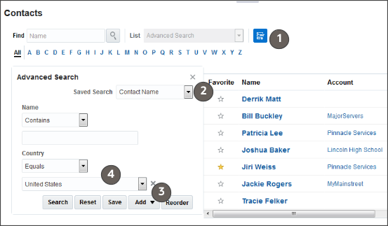 Advanced search for imported contacts with callouts identifying fields covered in the text.