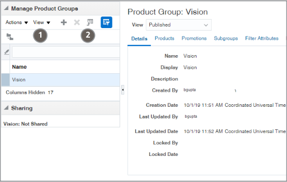 screenshot of the Manage Product Groups page highlighting the View menu (callout 1), the Create icon (callout 2), and the Download to Excel icon (callout 3)