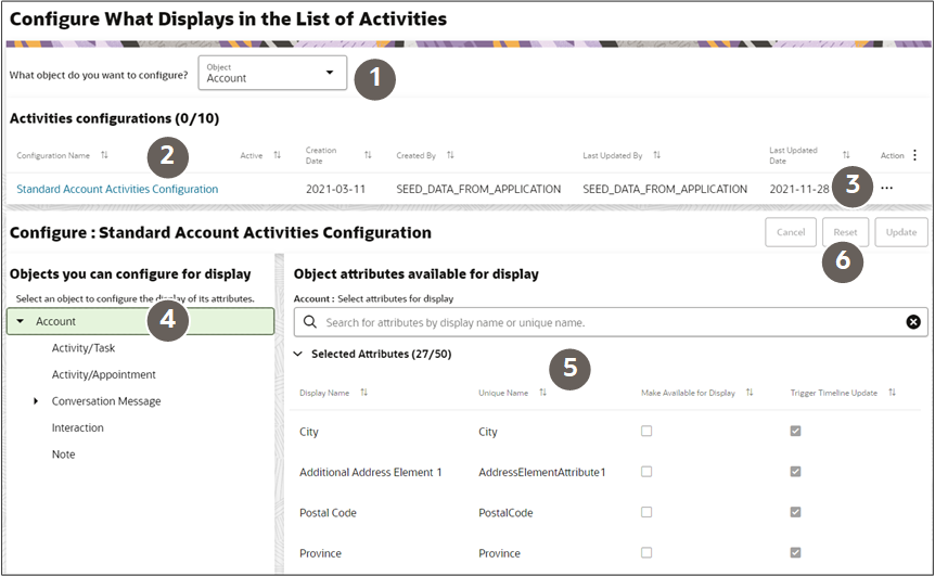 Configure What Displays in the List of Activities page highlighted by callouts in the screenshot